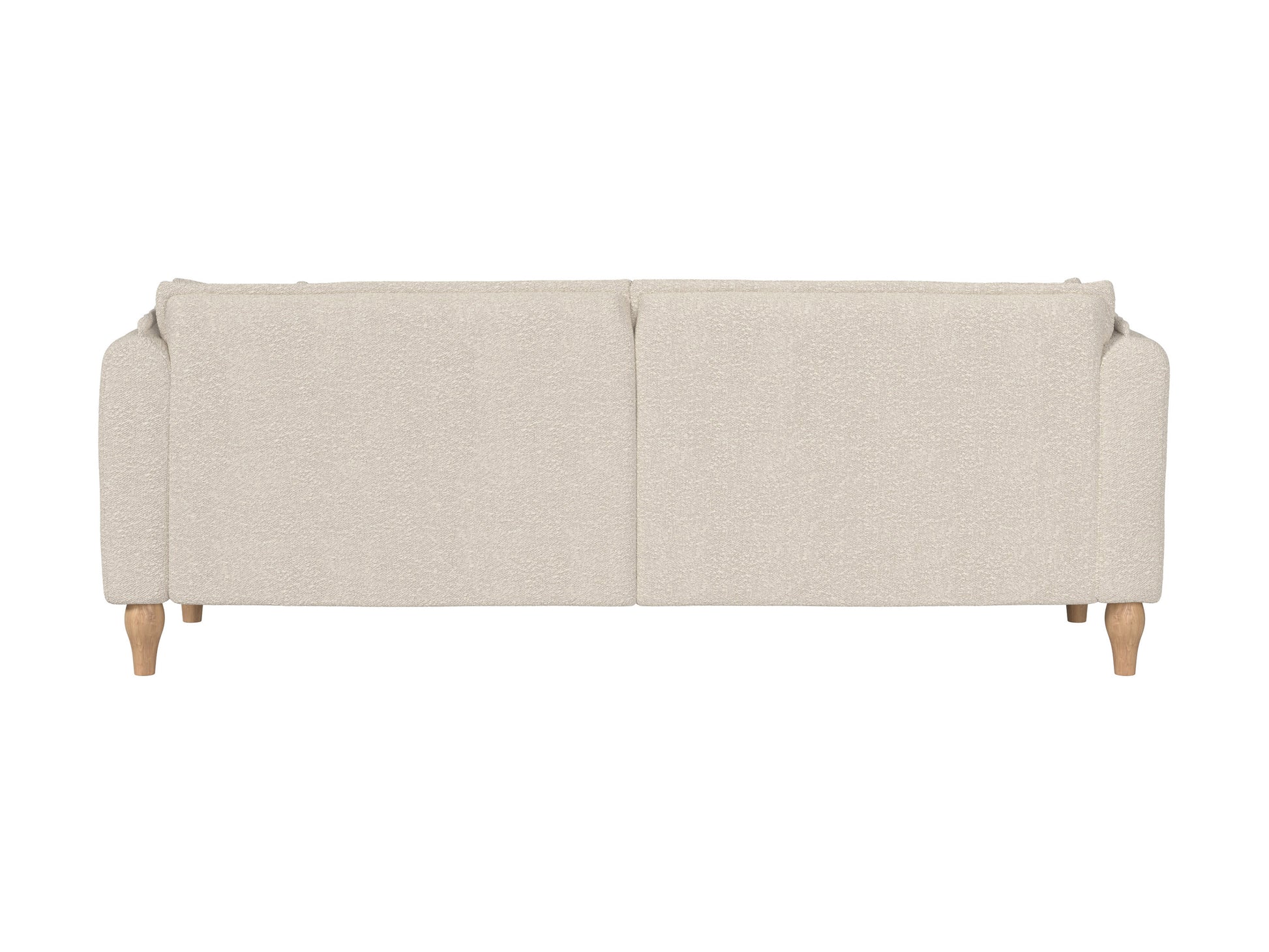 Cream Boucle Sofa with curved back, plush texture, and wooden legs. Ideal for modern living rooms. Comfortable seating with soft, tactile fabric.