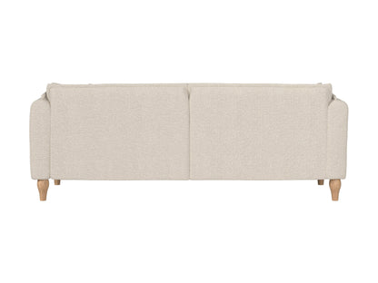 Cream Boucle Sofa with curved back, plush texture, and wooden legs. Ideal for modern living rooms. Comfortable seating with soft, tactile fabric.