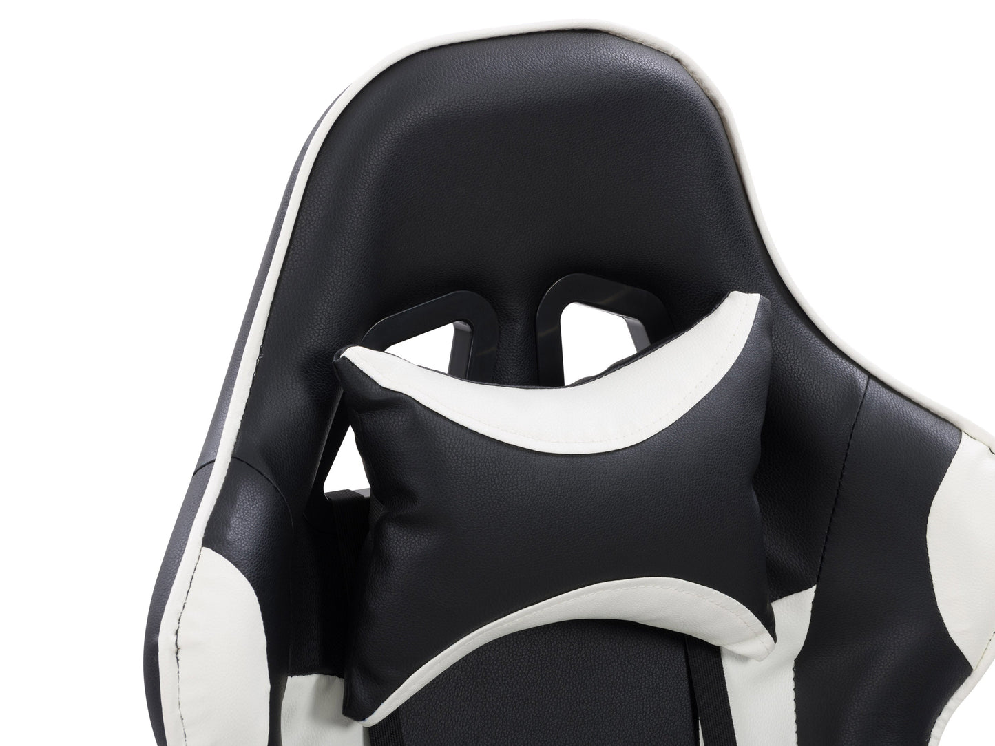 Black and white reclining gaming chair with ergonomic design, high-density foam padding, adjustable armrests, lumbar support, and smooth PU leather upholstery. Perfect for long gaming sessions.