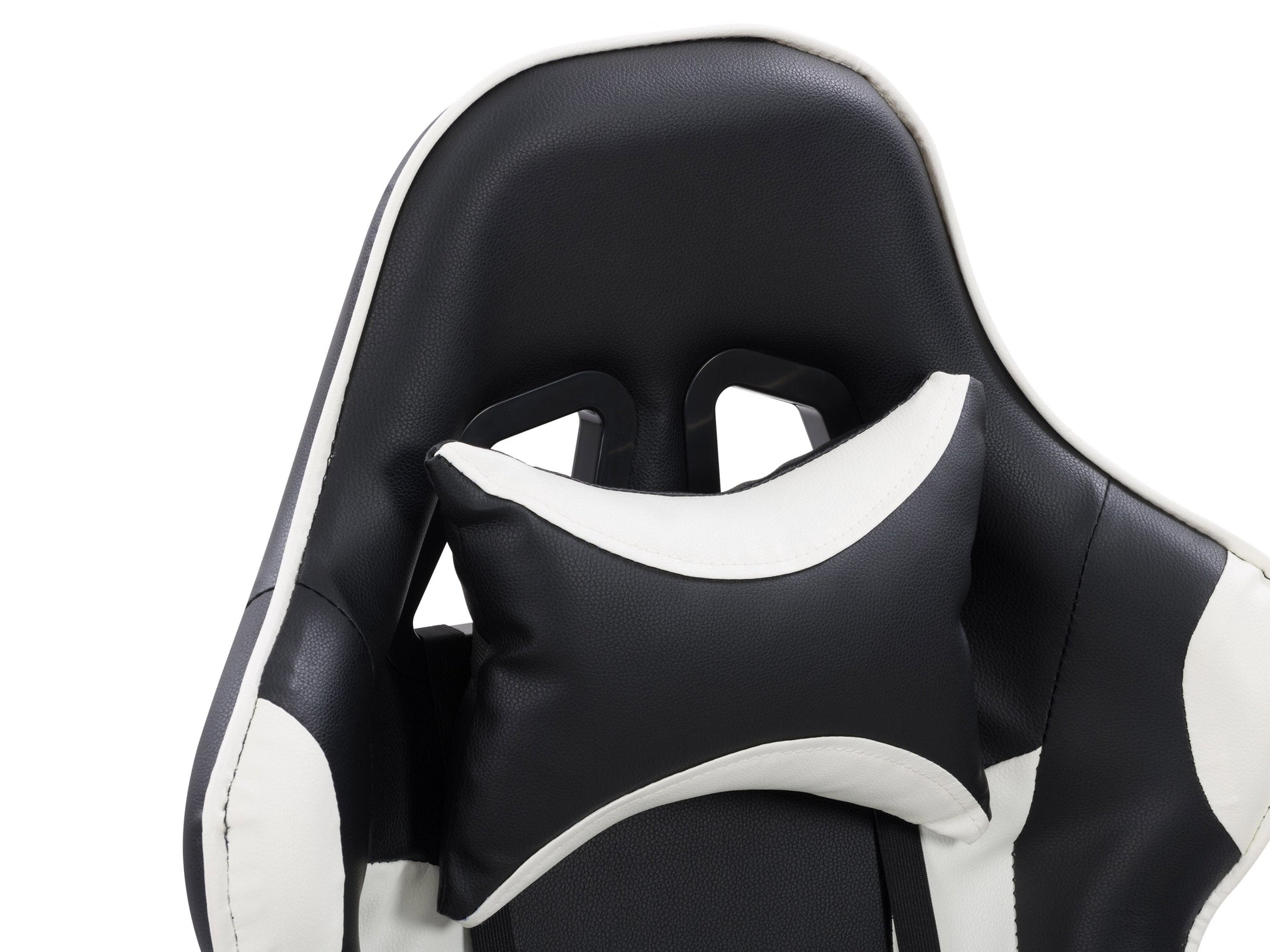 Black and white reclining gaming chair with ergonomic design, high-density foam padding, adjustable armrests, lumbar support, and smooth PU leather upholstery. Perfect for long gaming sessions.