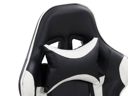 Black and white reclining gaming chair with ergonomic design, high-density foam padding, adjustable armrests, lumbar support, and smooth PU leather upholstery. Perfect for long gaming sessions.