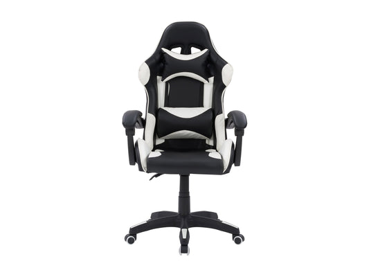 Black and white reclining gaming chair with ergonomic design, high-density foam padding, adjustable armrests, lumbar support, and smooth PU leather upholstery. Perfect for long gaming sessions.