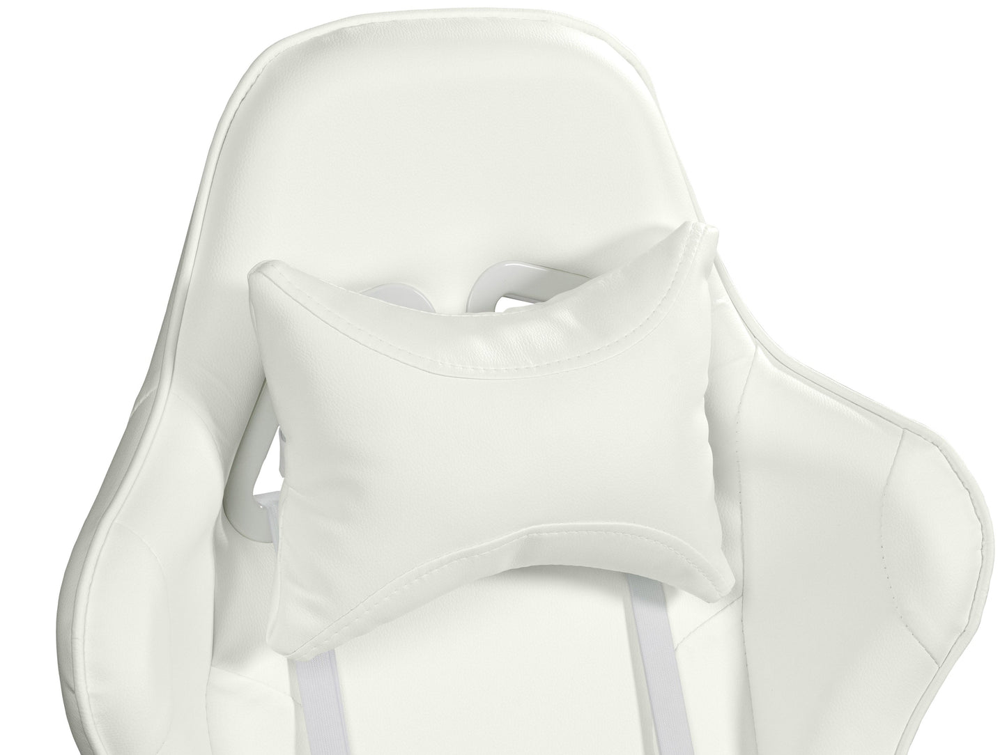 Ergonomic white reclining gaming chair with padded armrests, adjustable headrest, lumbar support, and durable faux leather upholstery, designed for comfort during extended gaming sessions.