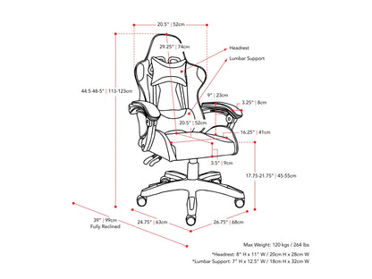 Ergonomic white reclining gaming chair with padded armrests, adjustable headrest, lumbar support, and durable faux leather upholstery, designed for comfort during extended gaming sessions.