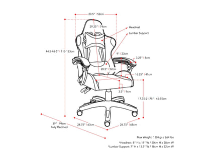 Black reclining gaming chair with ergonomic design, padded armrests, high-density foam seat, adjustable headrest, and lumbar support. Ideal for gamers seeking comfort and style.