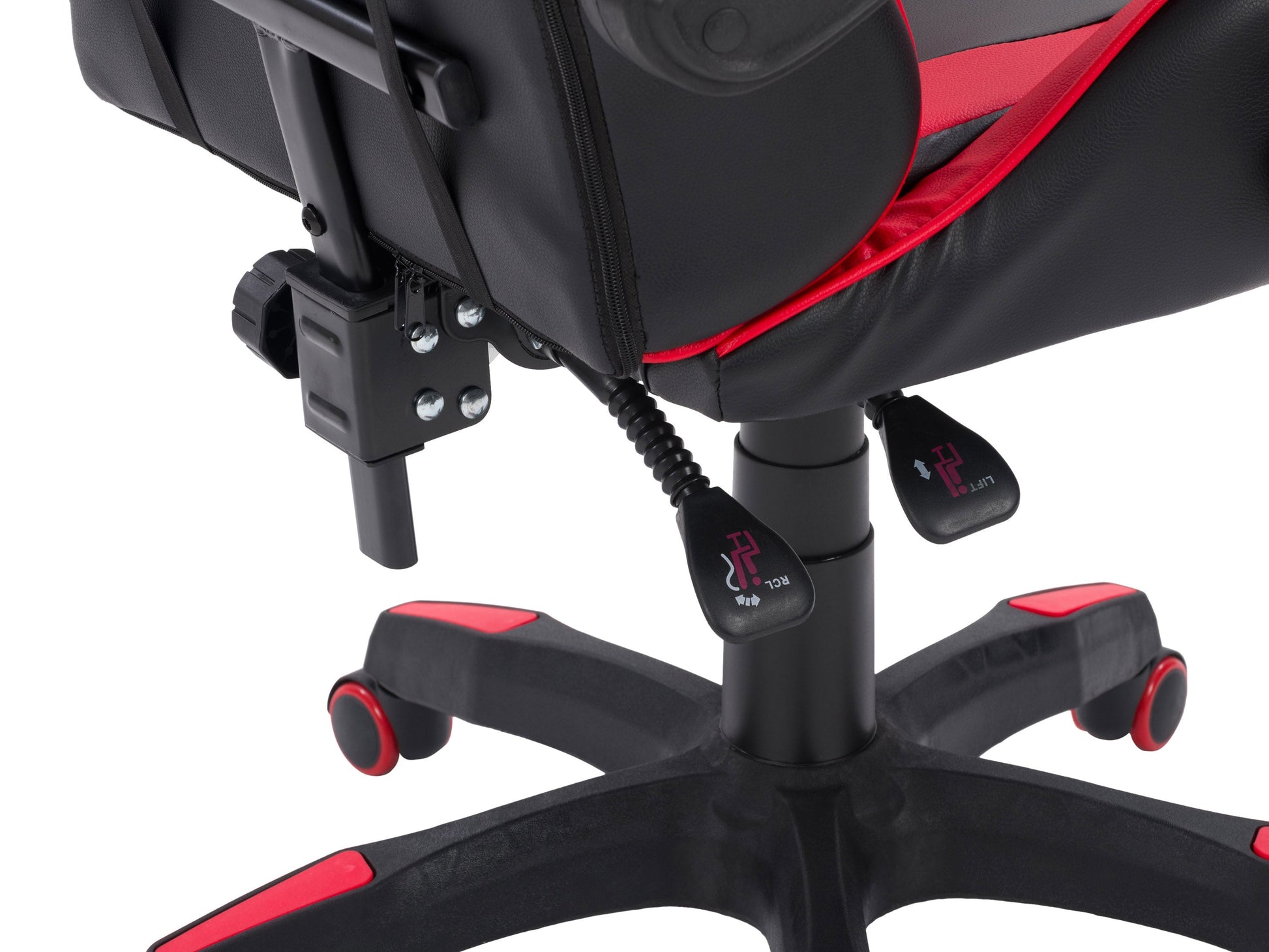 Reclining gaming chair with black and red faux leather, ergonomic design, adjustable armrests, and lumbar support cushion, perfect for long gaming sessions and office use.