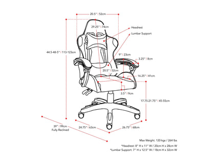 Reclining gaming chair with black and red faux leather, ergonomic design, adjustable armrests, and lumbar support cushion, perfect for long gaming sessions and office use.