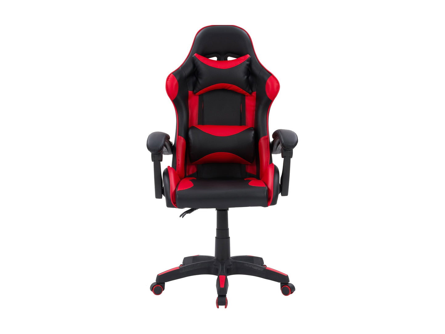 Reclining gaming chair with black and red faux leather, ergonomic design, adjustable armrests, and lumbar support cushion, perfect for long gaming sessions and office use.