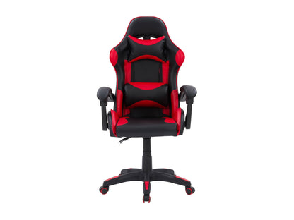 Reclining gaming chair with black and red faux leather, ergonomic design, adjustable armrests, and lumbar support cushion, perfect for long gaming sessions and office use.