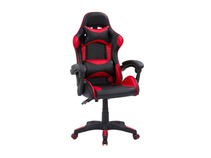 Reclining gaming chair with black and red faux leather, ergonomic design, adjustable armrests, and lumbar support cushion, perfect for long gaming sessions and office use.