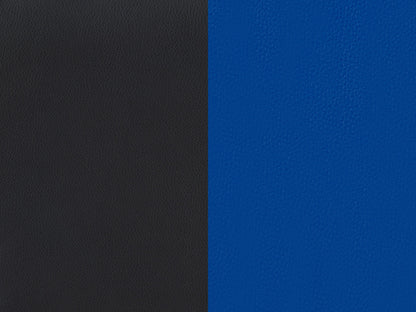 Black and blue reclining gaming chair with ergonomic design, padded armrests, adjustable headrest, lumbar support, and smooth leather finish. Ideal for gamers seeking comfort and style.