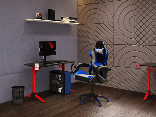 Black and blue reclining gaming chair with ergonomic design, padded armrests, adjustable headrest, lumbar support, and smooth leather finish. Ideal for gamers seeking comfort and style.