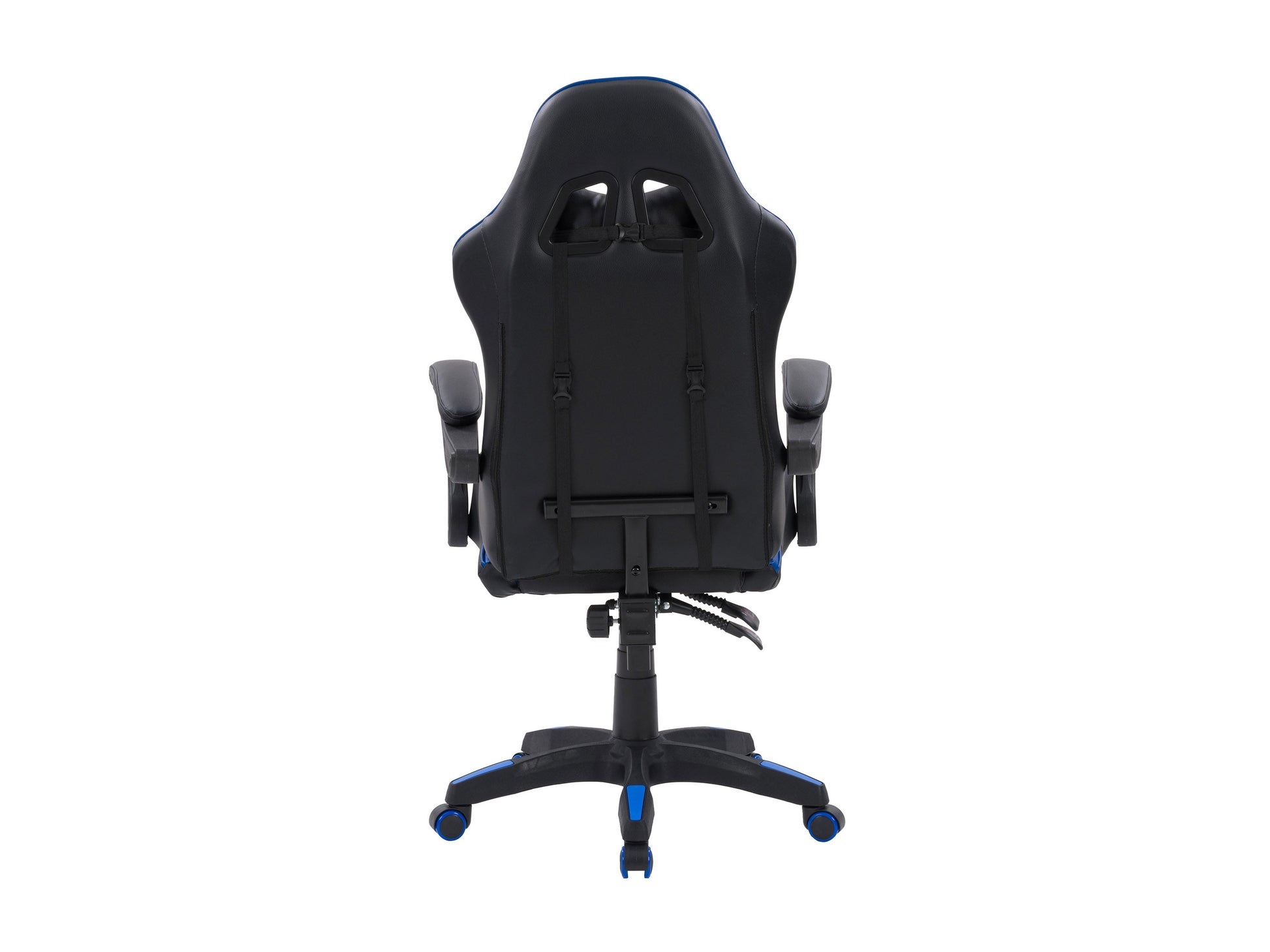 Black and blue reclining gaming chair with ergonomic design, padded armrests, adjustable headrest, lumbar support, and smooth leather finish. Ideal for gamers seeking comfort and style.