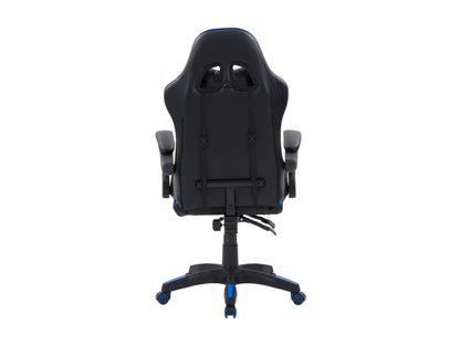 Black and blue reclining gaming chair with ergonomic design, padded armrests, adjustable headrest, lumbar support, and smooth leather finish. Ideal for gamers seeking comfort and style.