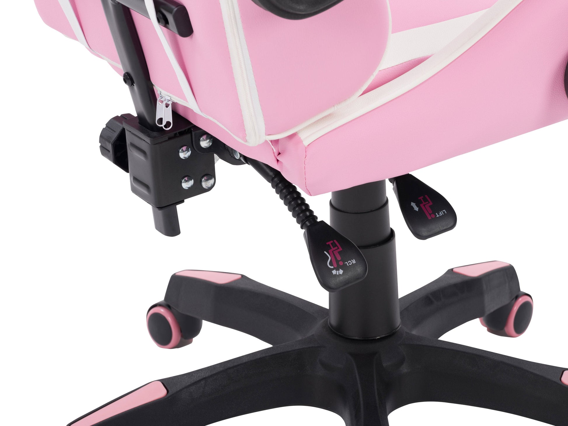 Pink and white reclining gaming chair with ergonomic design, high-density foam padding, adjustable armrests, lumbar support, and smooth PU leather upholstery. Ideal for gamers seeking comfort and style.