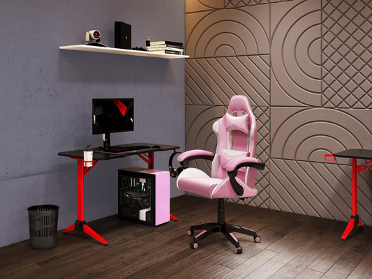 Pink and white reclining gaming chair with ergonomic design, high-density foam padding, adjustable armrests, lumbar support, and smooth PU leather upholstery. Ideal for gamers seeking comfort and style.
