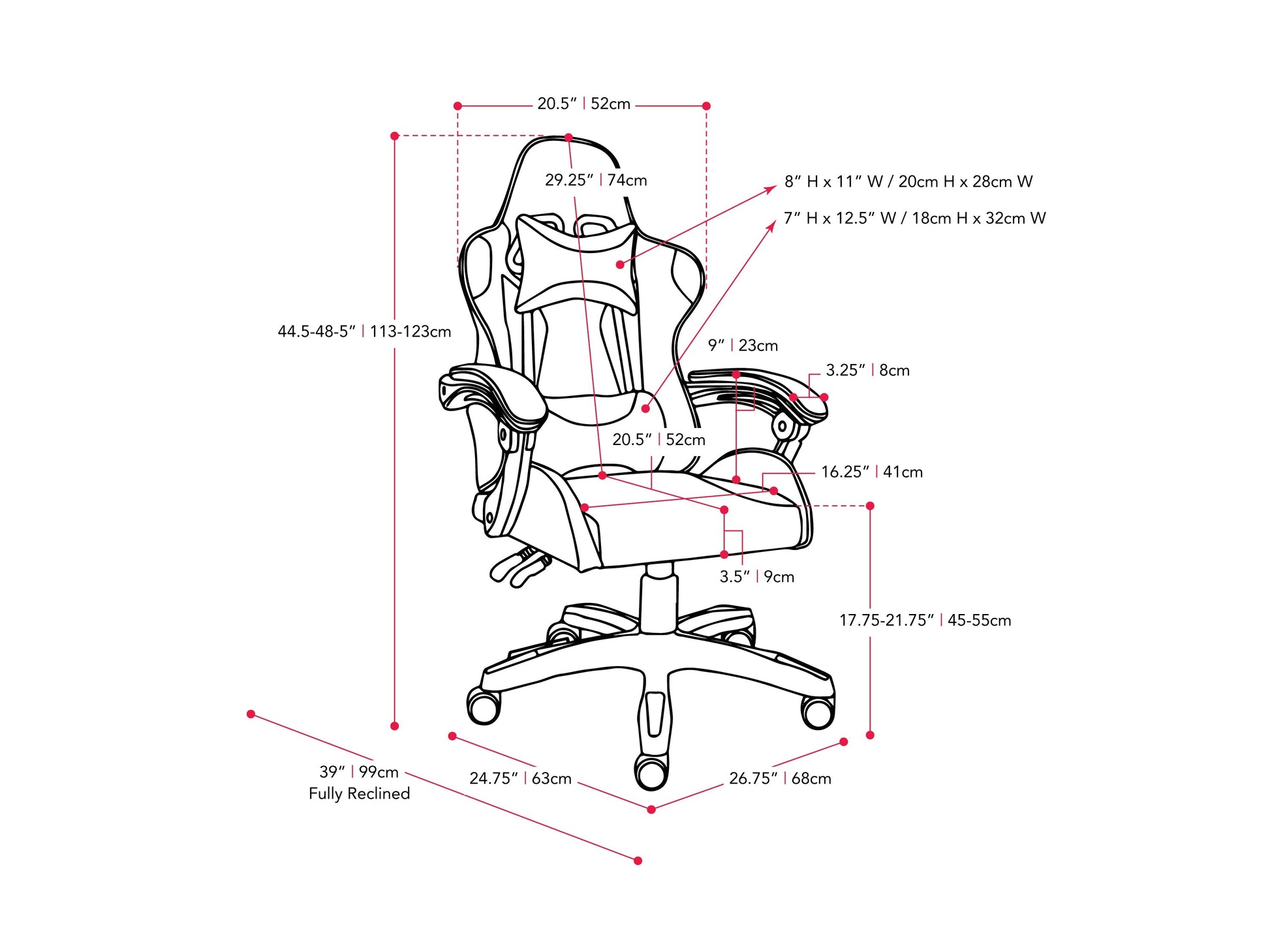 Purple and white reclining gaming chair with ergonomic design, adjustable armrests, high-density foam padding, and lumbar support pillow. Ideal for gamers seeking comfort and style in their gaming setup.