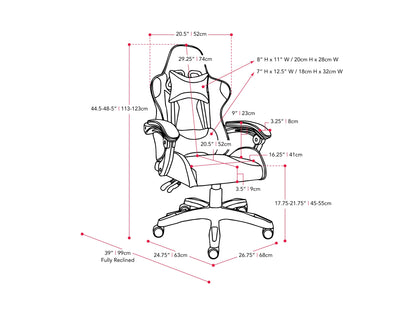 Purple and white reclining gaming chair with ergonomic design, adjustable armrests, high-density foam padding, and lumbar support pillow. Ideal for gamers seeking comfort and style in their gaming setup.