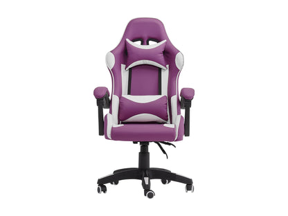 Purple and white reclining gaming chair with ergonomic design, adjustable armrests, high-density foam padding, and lumbar support pillow. Ideal for gamers seeking comfort and style in their gaming setup.