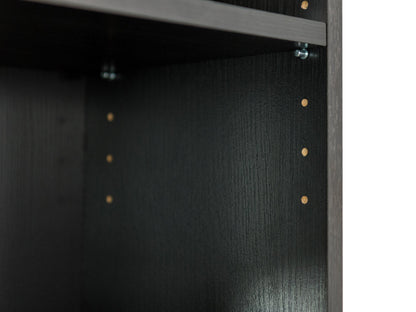 5-tier black bookshelf with sleek metal frame, wooden shelves, and modern industrial design, ideal for home office or living room storage and display.