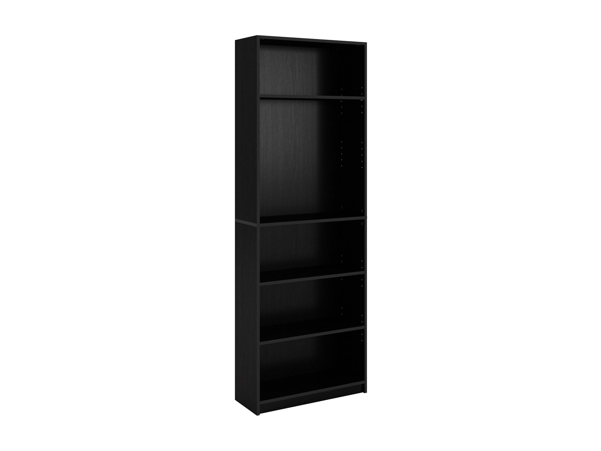5-tier black bookshelf with sleek metal frame, wooden shelves, and modern industrial design, ideal for home office or living room storage and display.