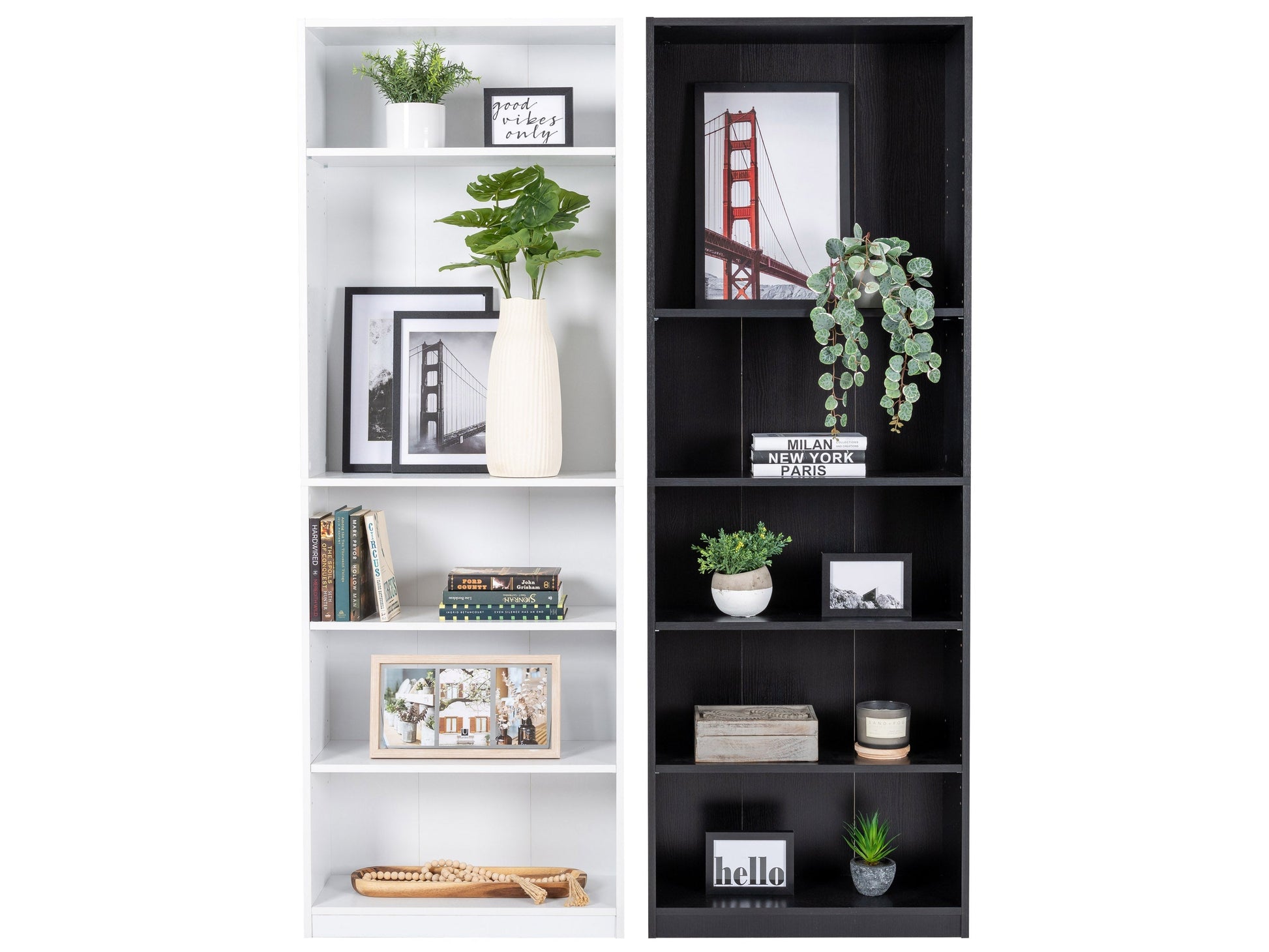 White 5-tier bookshelf with sleek, modern design, featuring sturdy wooden shelves and metal frame. Ideal for home office or living room storage, this versatile shelving unit complements contemporary decor.