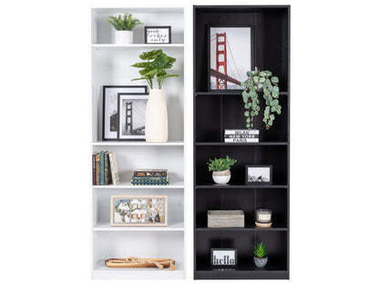 White 5-tier bookshelf with sleek, modern design, featuring sturdy wooden shelves and metal frame. Ideal for home office or living room storage, this versatile shelving unit complements contemporary decor.