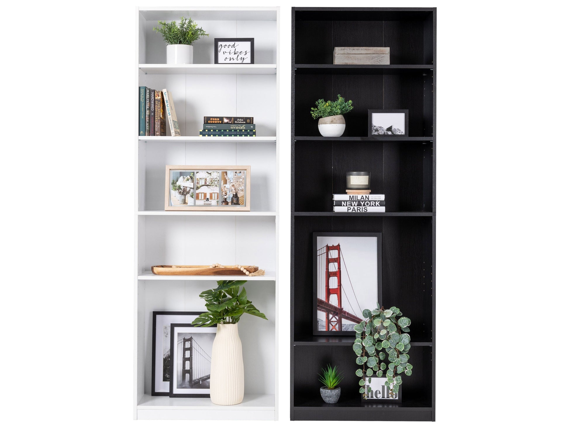 White 5-tier bookshelf with sleek, modern design, featuring sturdy wooden shelves and metal frame. Ideal for home office or living room storage, this versatile shelving unit complements contemporary decor.