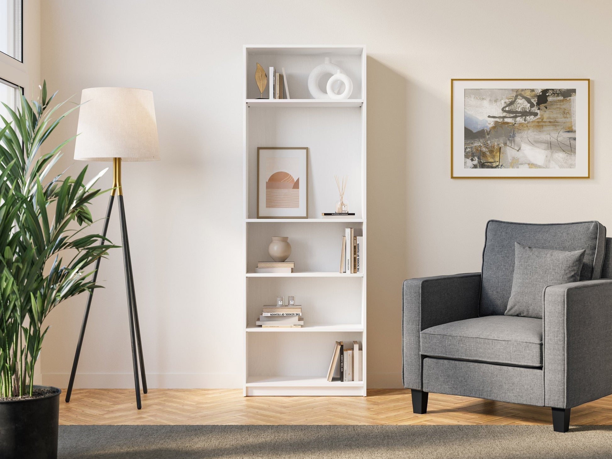 White 5-tier bookshelf with sleek, modern design, featuring sturdy wooden shelves and metal frame. Ideal for home office or living room storage, this versatile shelving unit complements contemporary decor.