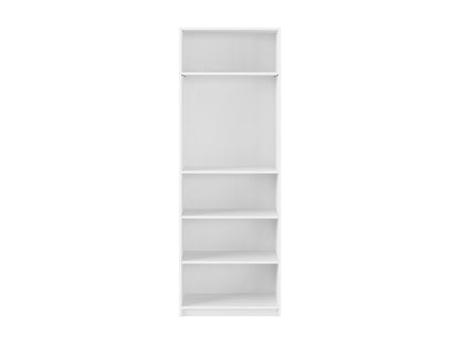 White 5-tier bookshelf with sleek, modern design, featuring sturdy wooden shelves and metal frame. Ideal for home office or living room storage, this versatile shelving unit complements contemporary decor.
