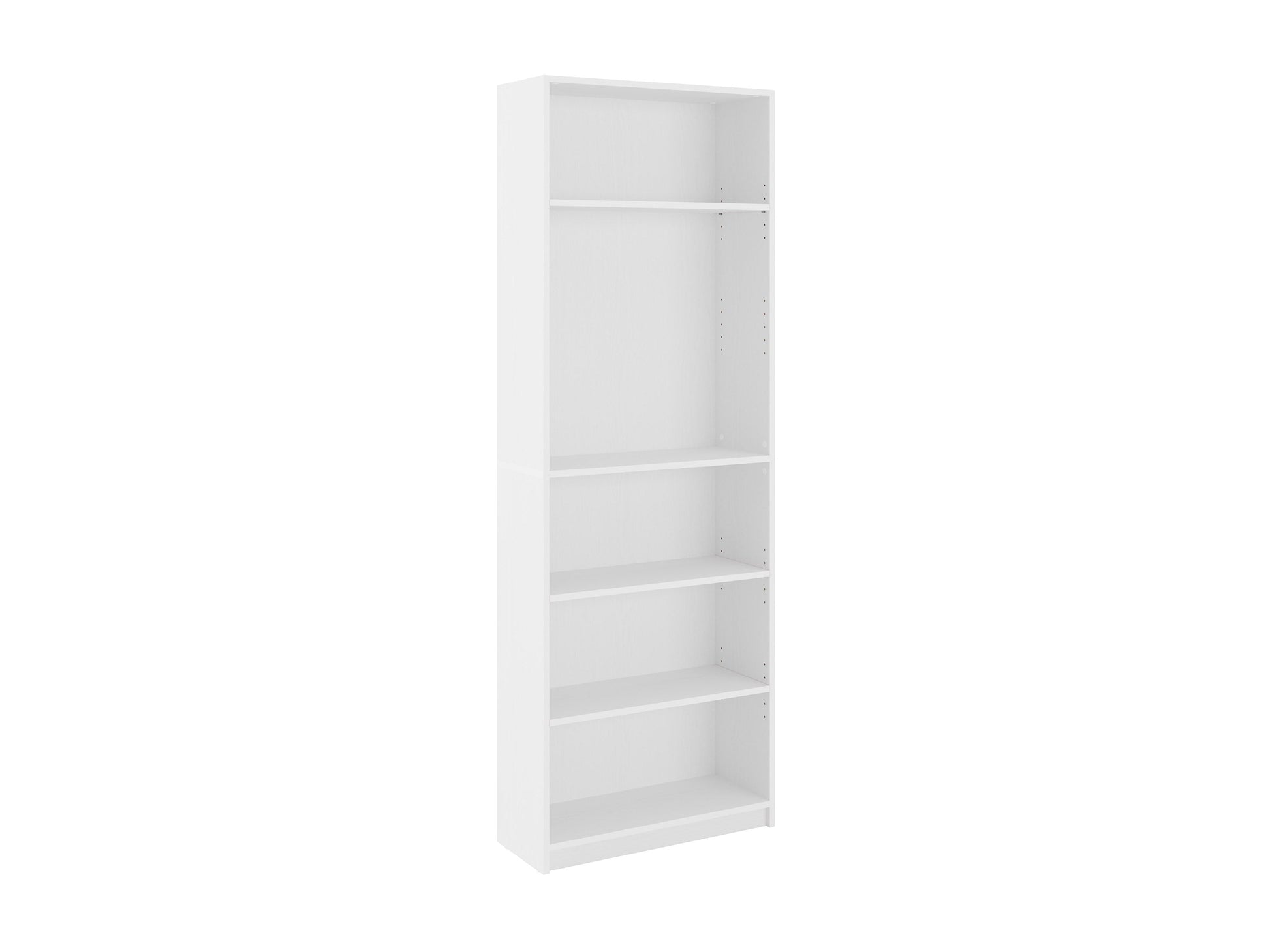 White 5-tier bookshelf with sleek, modern design, featuring sturdy wooden shelves and metal frame. Ideal for home office or living room storage, this versatile shelving unit complements contemporary decor.
