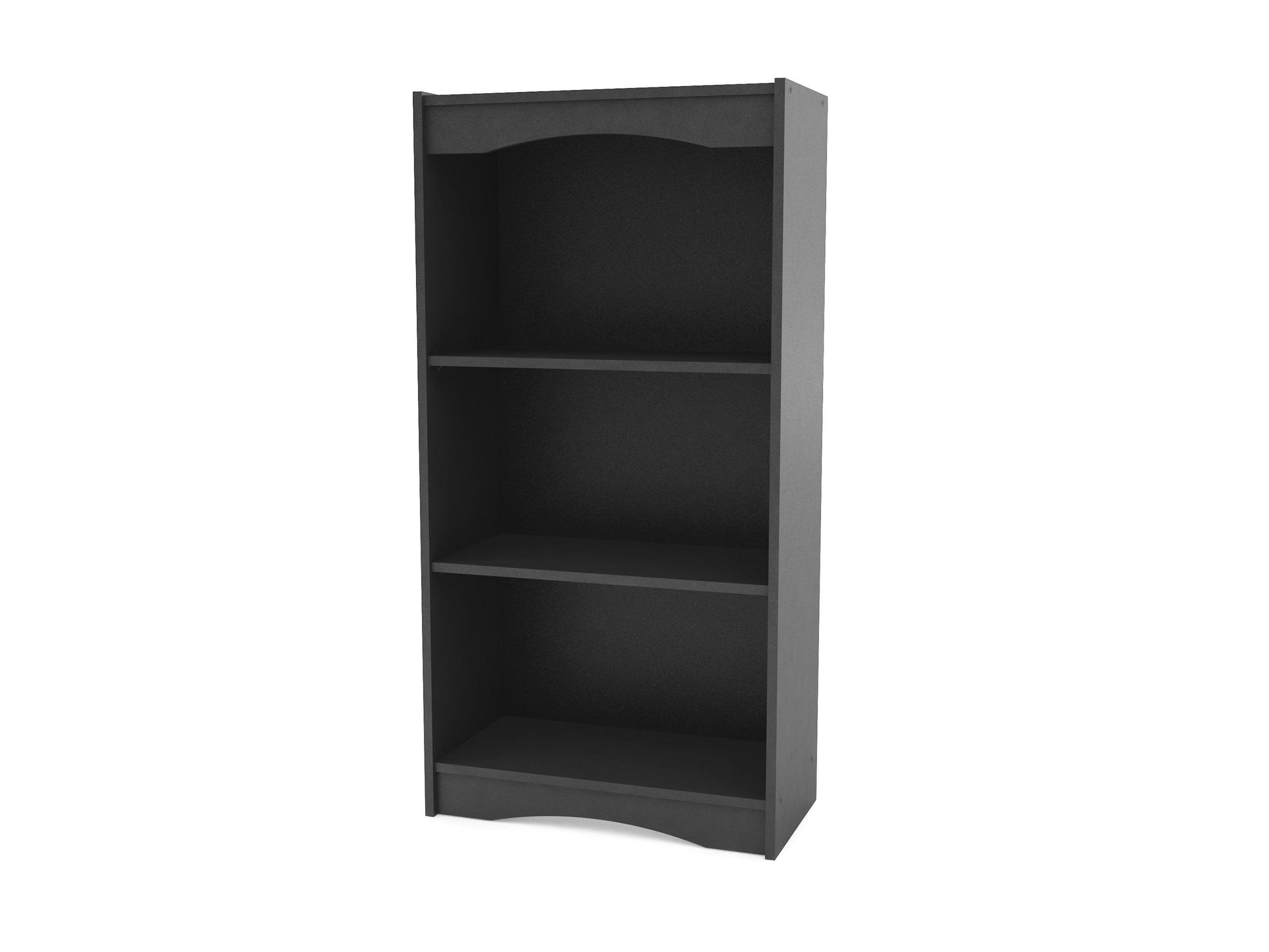 Small black 48" bookshelf with four wooden shelves, sleek modern design, and sturdy metal frame perfect for home office or living room storage and display.
