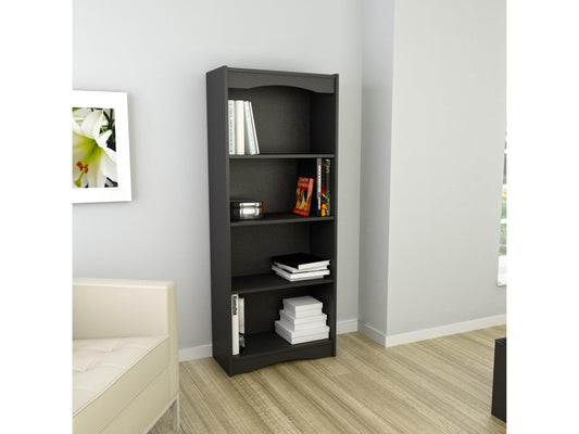 Sleek black 60" tall bookcase with five shelves, minimalist design, and sturdy construction, ideal for modern home or office storage and display.