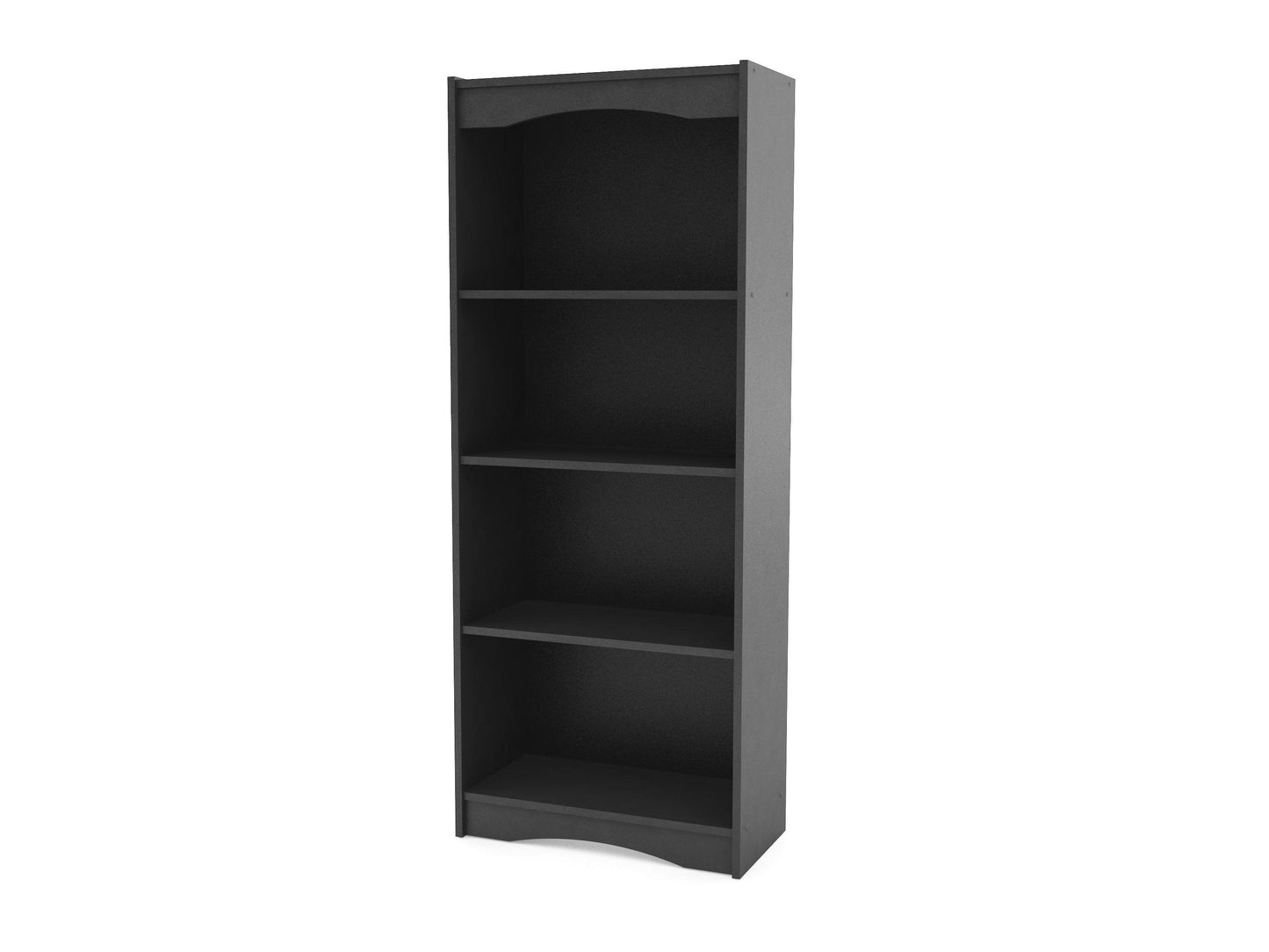 Tall black bookshelf with five shelves, sleek design, and 60-inch height, perfect for modern home or office storage and display.