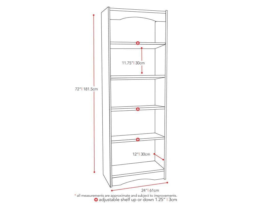 Tall black bookshelf with five shelves, 72 inches high, featuring a sleek design and sturdy construction, ideal for organizing books, decor, and more in a modern living room or office space.