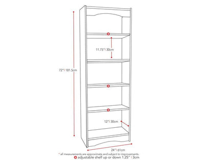 Tall black bookshelf with five shelves, 72 inches high, featuring a sleek design and sturdy construction, ideal for organizing books, decor, and more in a modern living room or office space.