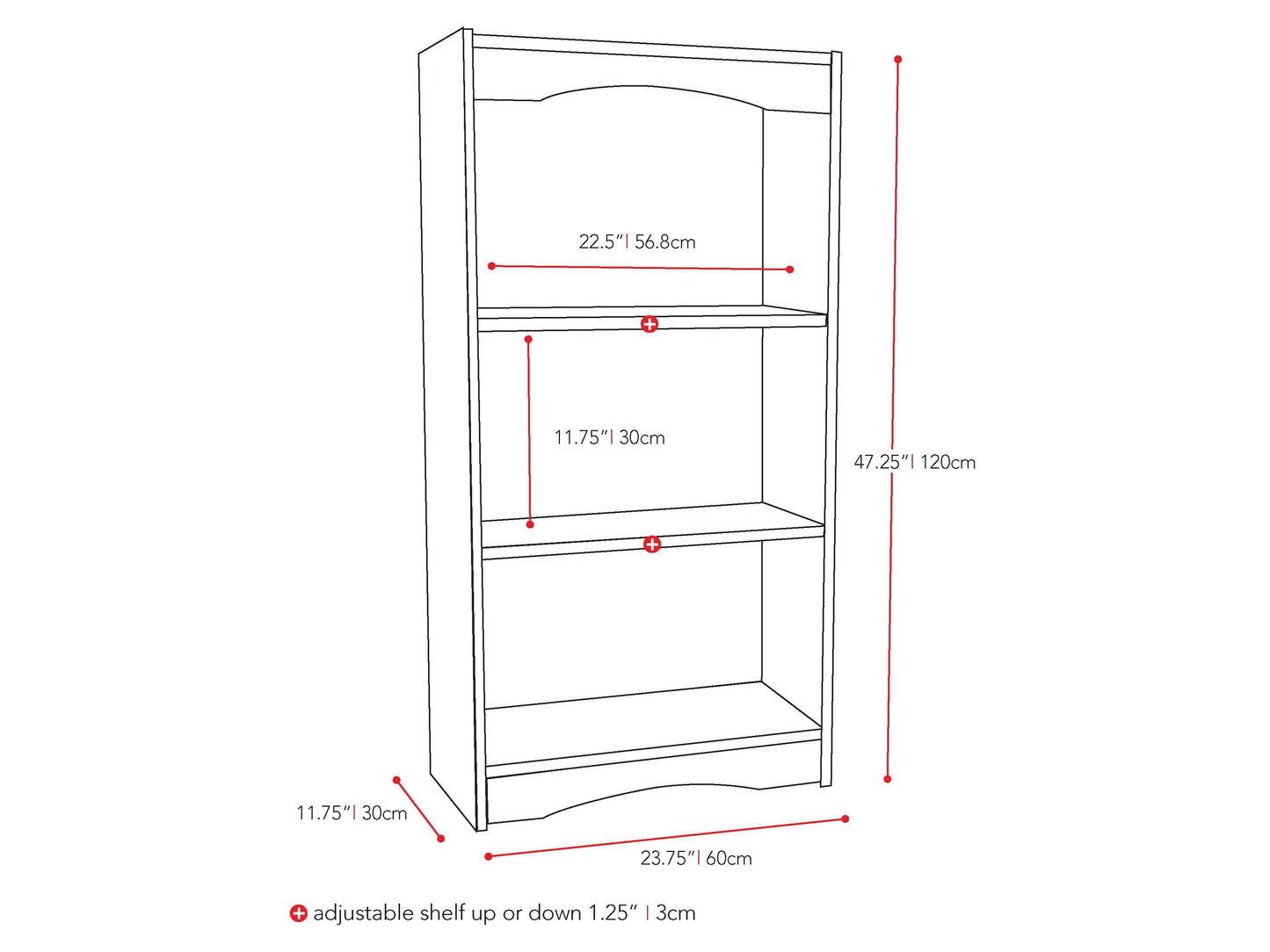 Black small bookcase, 48 inches tall, with four shelves and a sleek, modern design. Ideal for organizing books, decorative items, and storage baskets in living rooms, bedrooms, or home offices.