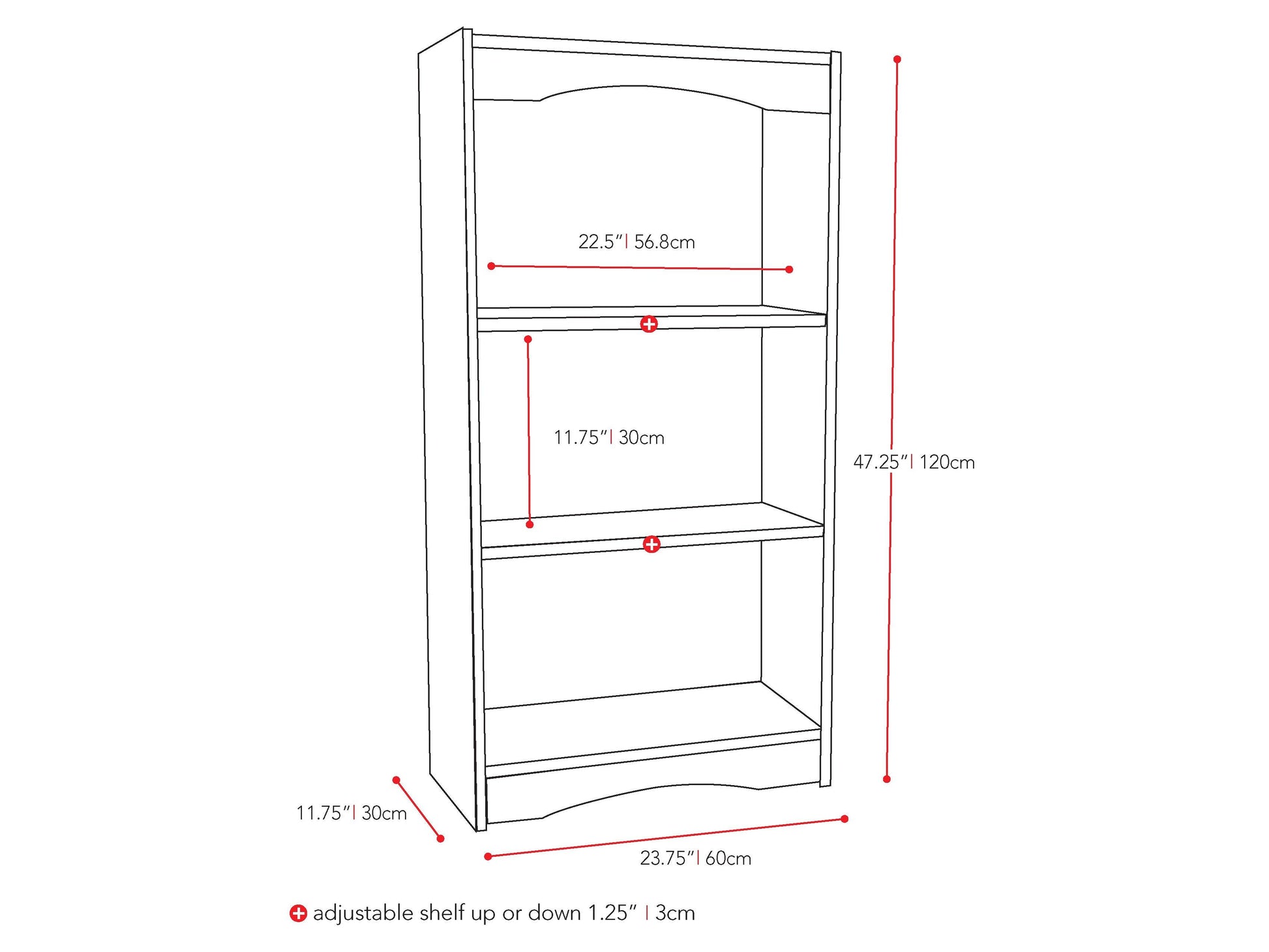 Black small bookcase, 48 inches tall, with four shelves and a sleek, modern design. Ideal for organizing books, decorative items, and storage baskets in living rooms, bedrooms, or home offices.