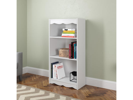 White small bookcase, 48 inches tall, with three open shelves, displaying books and decorative items, made of wood with a smooth finish, ideal for modern home or office storage and organization.