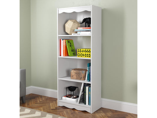 Tall white bookcase, 60 inches, with five wooden shelves, featuring a sleek modern design and spacious storage for books and decor.