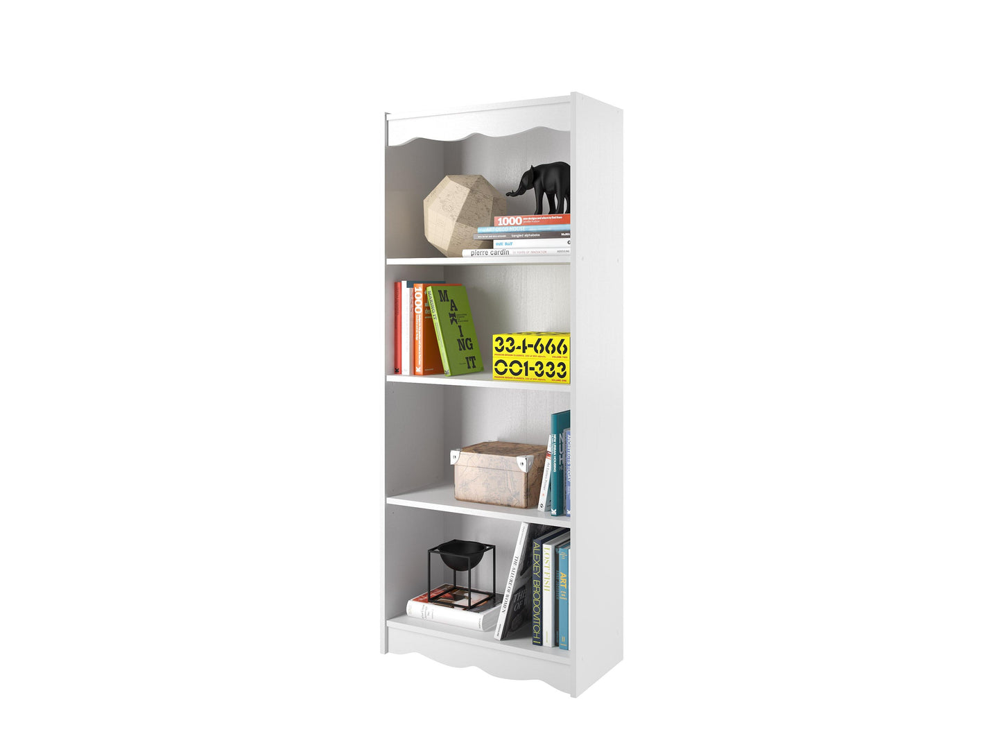 Tall white bookshelf with five shelves, 60 inches high, sleek design, modern style, perfect for home office or living room, durable wood construction, ample storage space for books and decor.