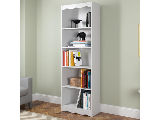 White tall bookshelf with five shelves, 72 inches high, featuring a sleek modern design, perfect for living room or office storage, showcasing books and decorative items.