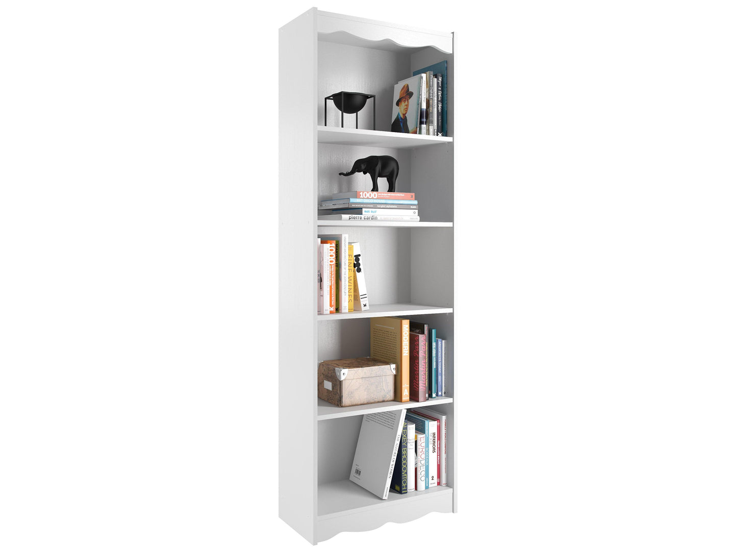 Tall white 72-inch bookshelf with five open shelves, sleek modern design, and sturdy construction, ideal for home or office storage and display.
