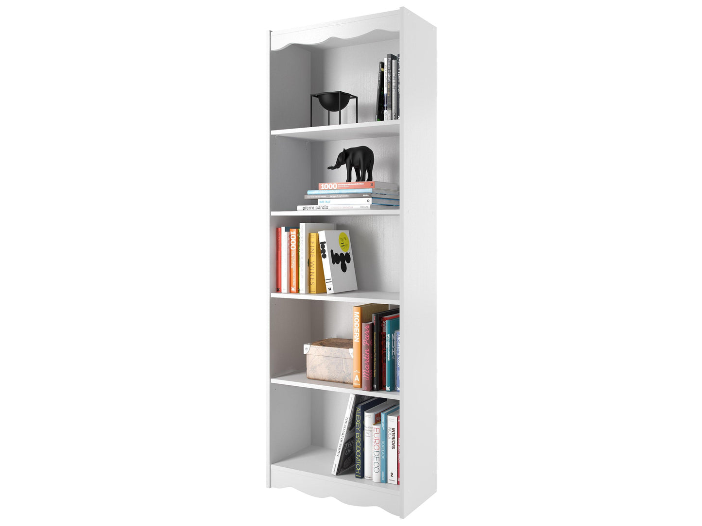 Tall white bookcase, 72 inches, with five shelves, minimalist design, smooth finish, ideal for home or office storage and display.