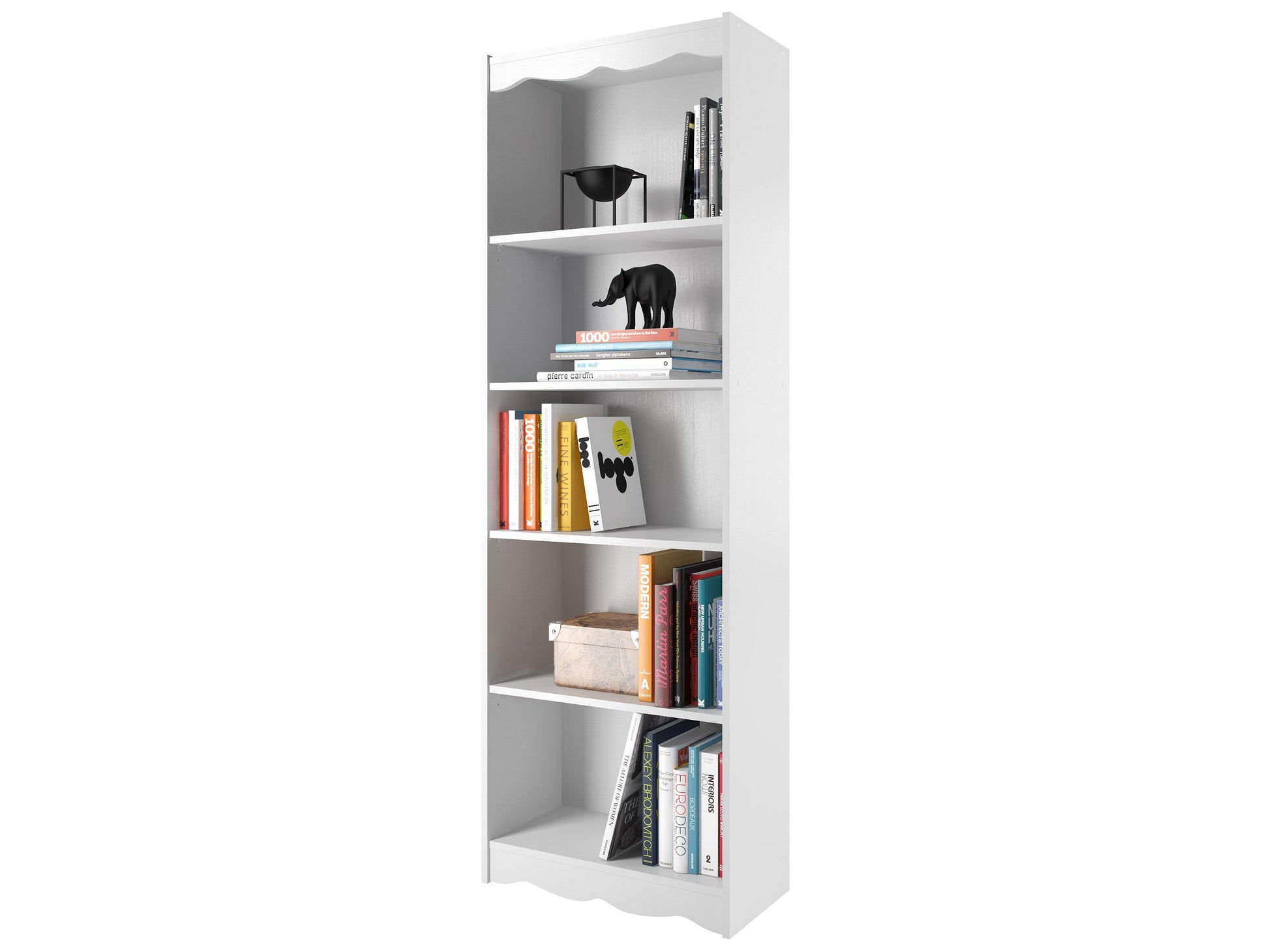 Tall white bookcase, 72 inches, with five shelves, minimalist design, smooth finish, ideal for home or office storage and display.