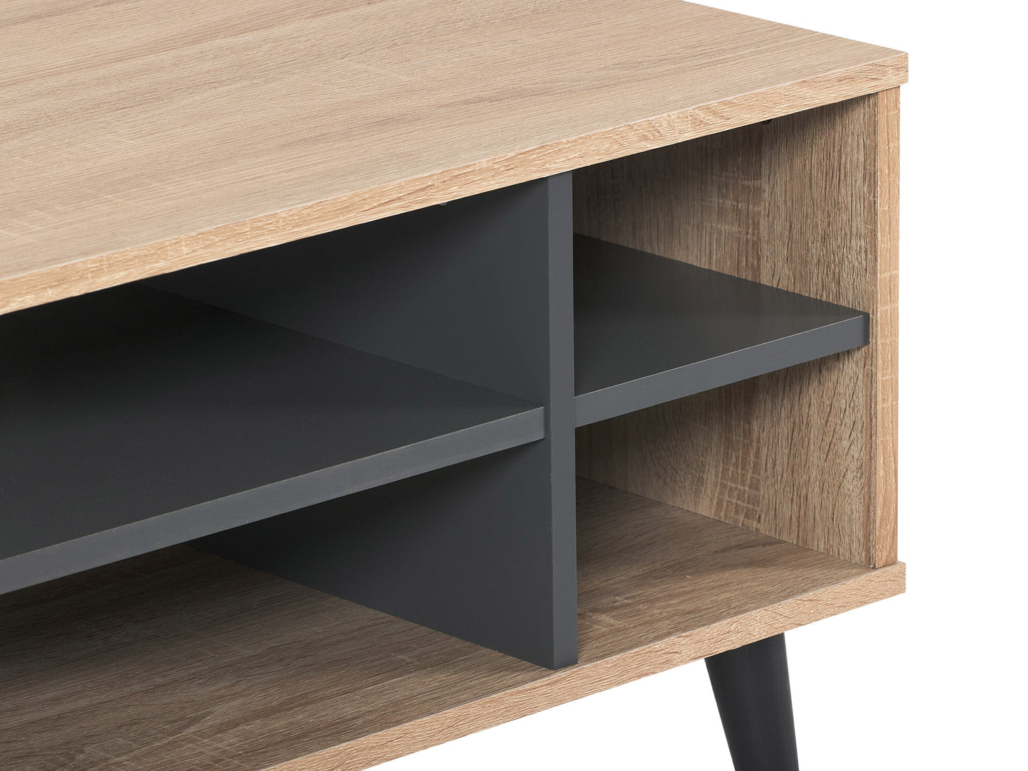 Light wood rectangle coffee table with grey storage shelves, sleek modern design, sturdy legs, and smooth finish; perfect for living room organization and contemporary decor.