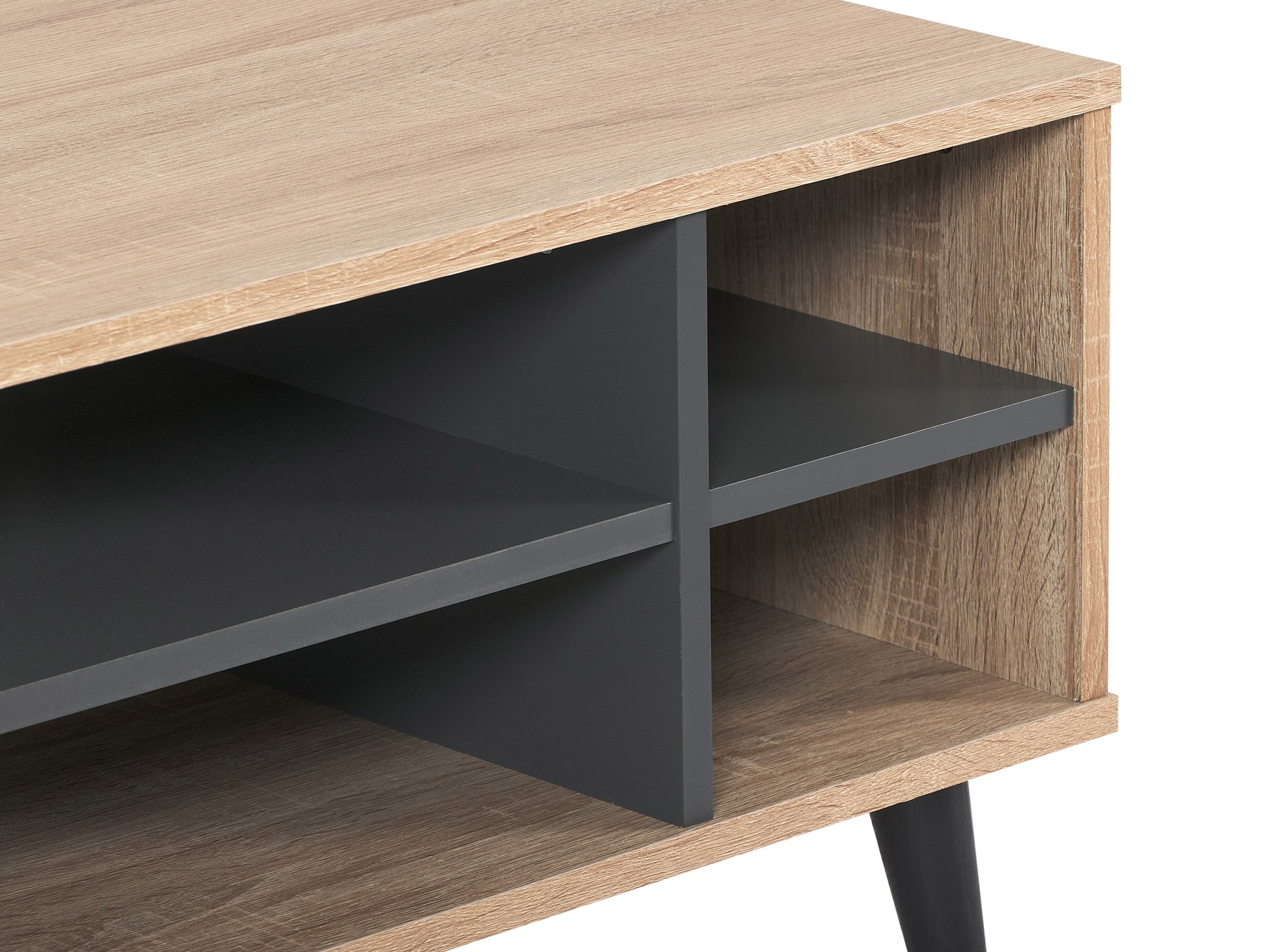 Light wood rectangle coffee table with grey storage shelves, sleek modern design, sturdy legs, and smooth finish; perfect for living room organization and contemporary decor.
