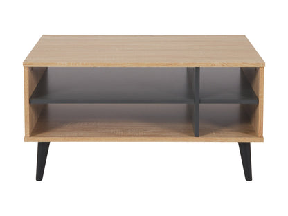 Light wood rectangle coffee table with grey storage shelves, sleek modern design, sturdy legs, and smooth finish; perfect for living room organization and contemporary decor.
