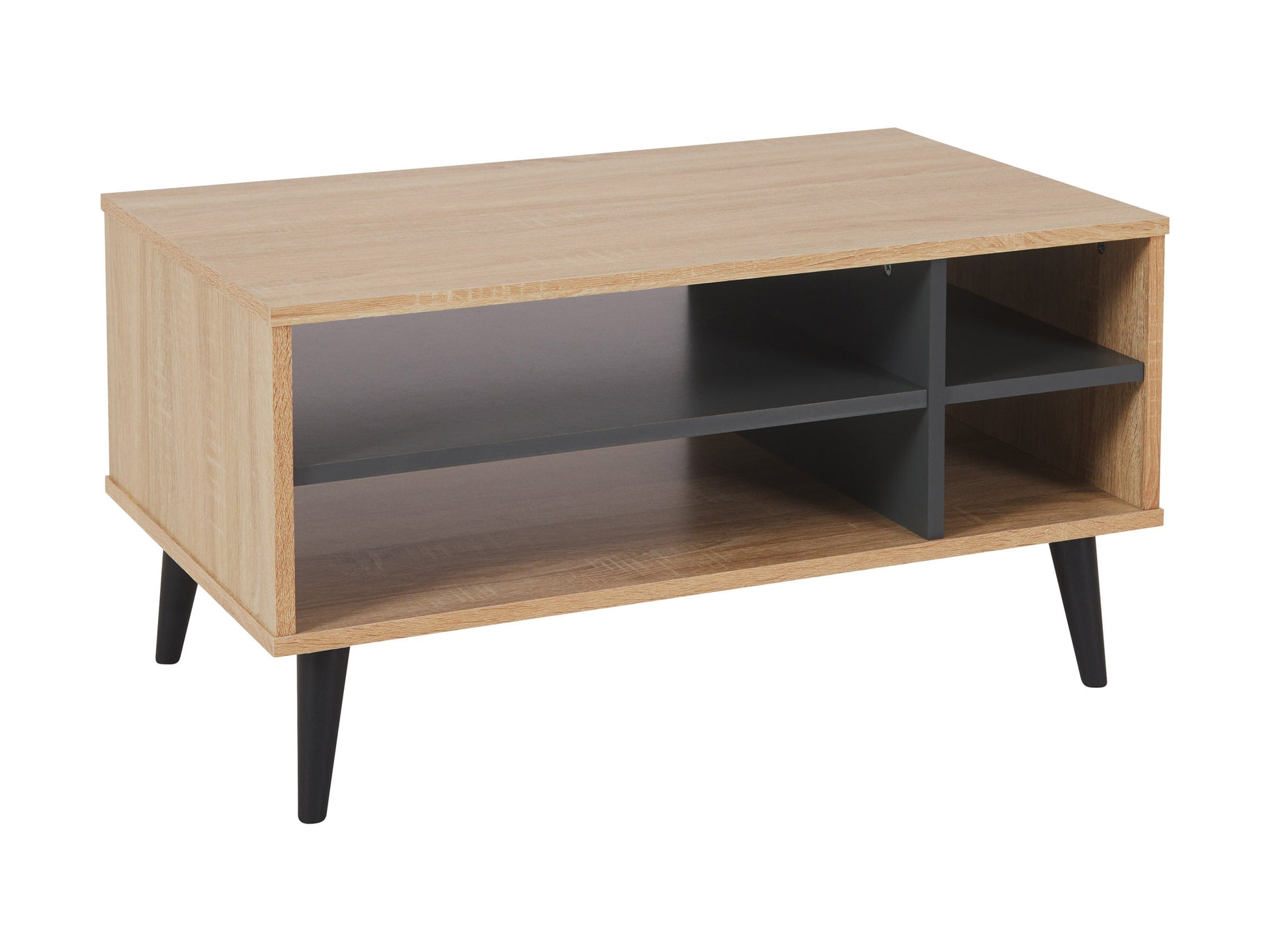 Light wood rectangle coffee table with grey storage shelves, sleek modern design, sturdy legs, and smooth finish; perfect for living room organization and contemporary decor.