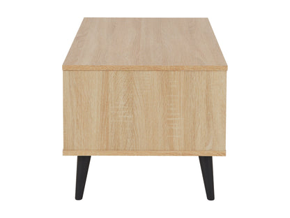 Light wood rectangle coffee table with grey storage shelves, sleek modern design, sturdy legs, and smooth finish; perfect for living room organization and contemporary decor.